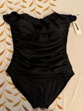 DKNY Black Ruffled Ruched One-Piece Swimsuit